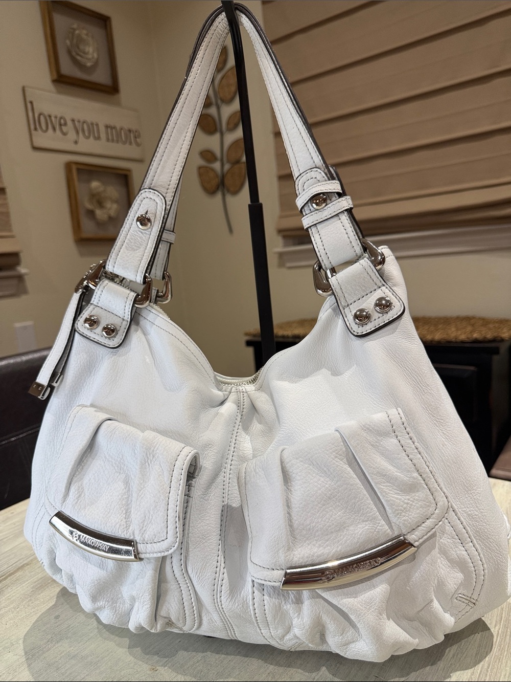 Y2K b. makowsky White Leather Hobo Shoulder Bag with Double Front Pockets